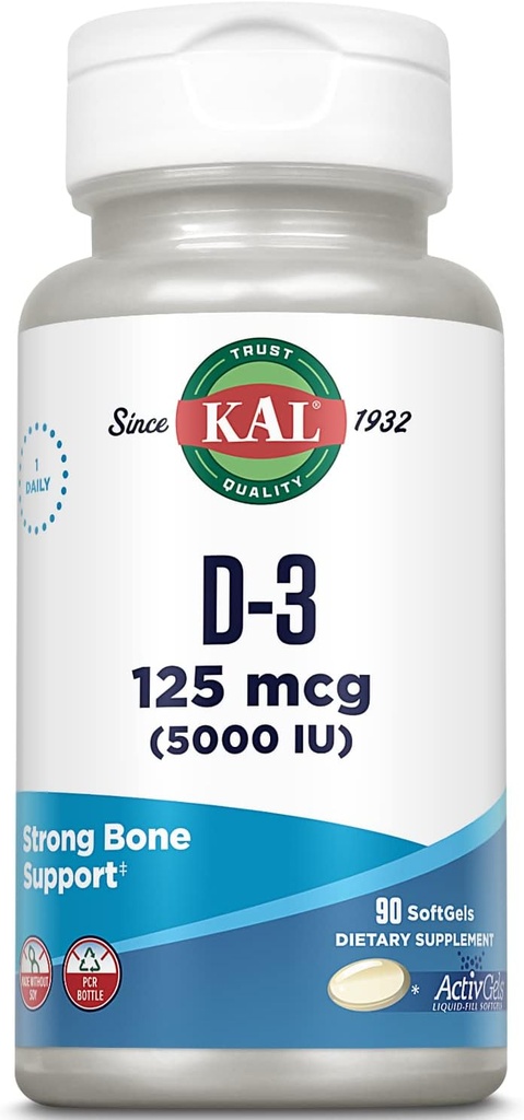 KAL Vitamina D3 5000 IU Softgels (125 mcg), Forma attiva di vitamina D, Assorbimento di calcio, Salute di ossa, Supplemento di supporto immunitario, Attivazione liquida riempita, Fatto senza soia, 90 Serve, 90 Softgels