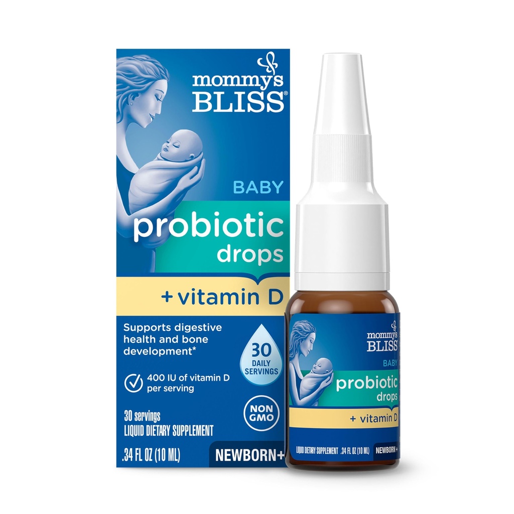 Bliss Baby Probiotics + Vitamina D Gocce, Supporta la salute digestiva e la funzione immunitaria*, 400IU Vitamin D , Supporta lo sviluppo di uno*, Neonati+, Senza aroma, 0.34 Fl Oz (30 Serve)