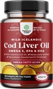 Olio di fegato di cod islandese Softgels - Wild Caught EPA DHA Omega 3 Fish Oil 1000mg per porzione - Sustainably Sourced Burpless Fish Oil Supplemento con vitamina D3 & A per il cervello e il supporto immunitario