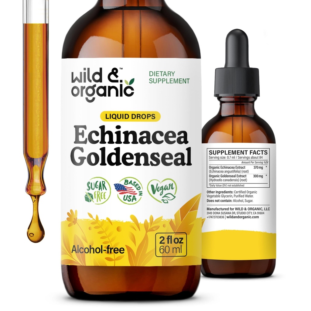 Gocce liquide selvatiche e organiche di Echinacea - Integratore di supporto immunitario w/Goldenseal Echinacea Root Extract - Vegan, Tintura senza zucchero e alcol - 2 fl oz