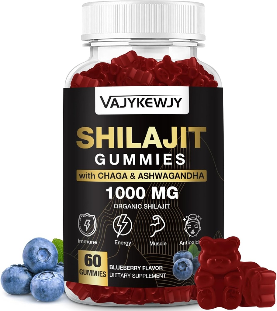 1000 MG Shilajit Gummies, Organic Shilajit Gummies con 85+ Minerali Trace, Acido Fulvico, Shilajit per Uomini & Donne, Shilajit Resina, Shilajit Himalayan Organic for Energy, Cervello, Immunità, 60 Conte