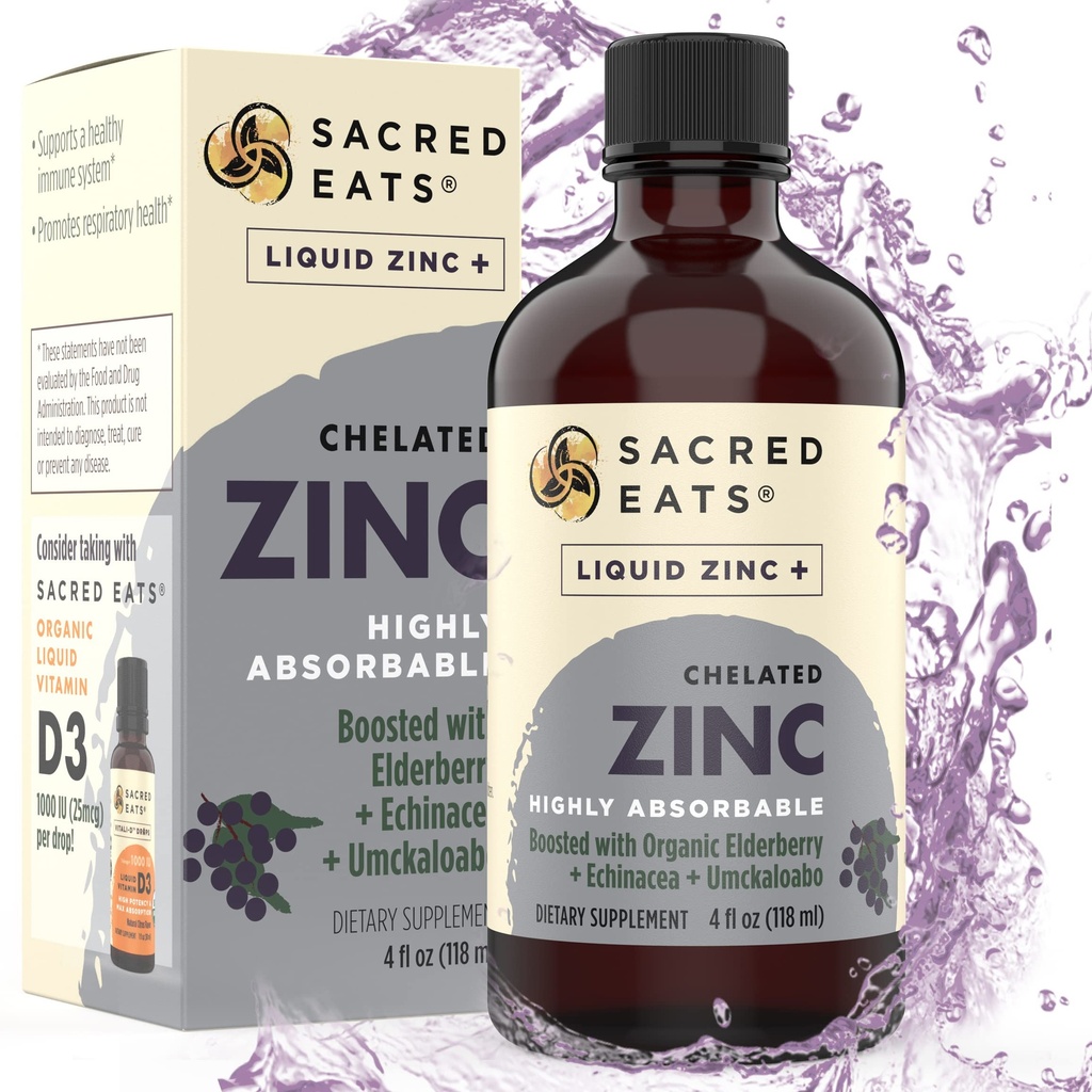 Zinco Liquido (Glycinate Chelate) con Organic Elderberry & Echinacea (High in Quercetin) | Supplemento di Suport Immune 4-in-1 per Adulti & Bambini, Grande Tasting | Alcohol & Gluten Free, Non OGM (4.0 Oz)