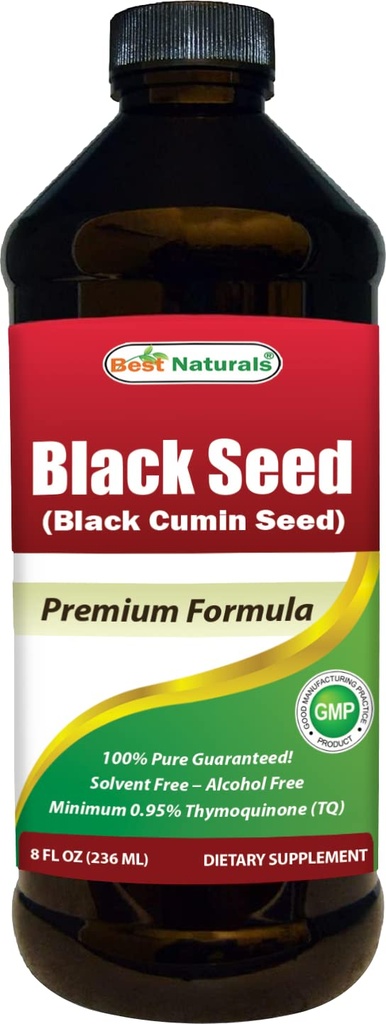 Best Naturals Black Seed Oil - Minimo 0,95% Thymoquinone (TQ) - Pressato a freddo Nigella Sativa Aids in salute digestiva, Supporto immunitario, Funzione cerebrale, Mobilità congiunta, Gluten Free, Non OGM - 8 OZ