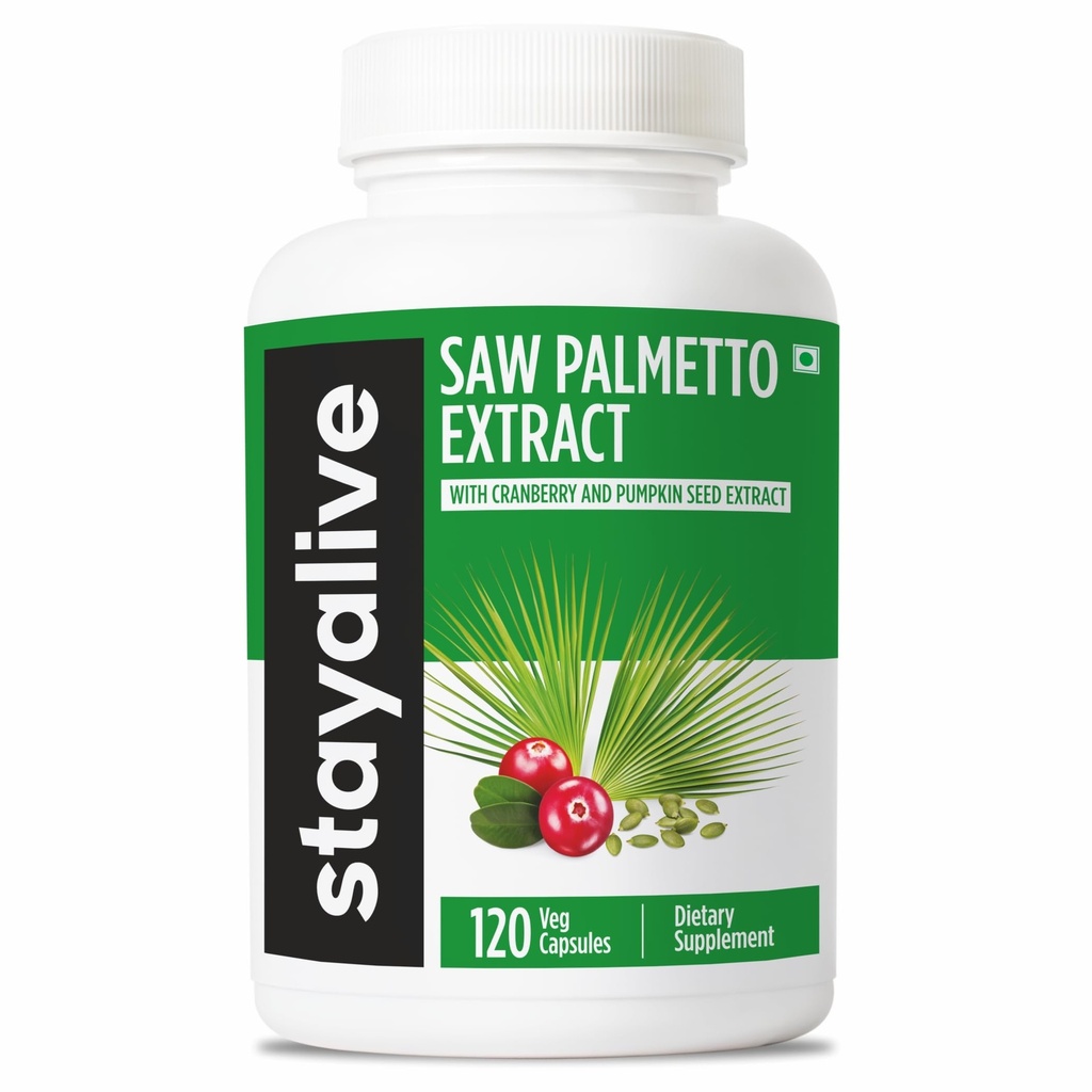 Estratto di palmetto segato STAY ALIVE capsule w / mirtillo e olio di semi di zucca, 120 pillole vegani per capelli, U.T & prostata, Palmetto di sega puro per gli uomini e le donne, Non OGM, Gluten Free Pumpkin Seed Supplement