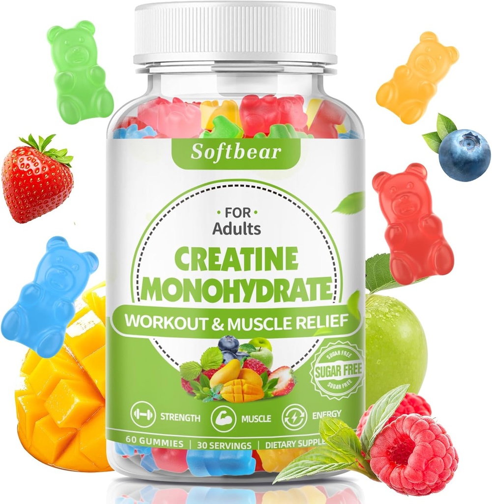 Softbear 5000mg Creatina Monoidrato Gummies per Donne Uomini, Vegan Creatina HCL Supplemento Pre Workout Gummies per Muscle Builder Forza Mixed Flavor 60 Conte