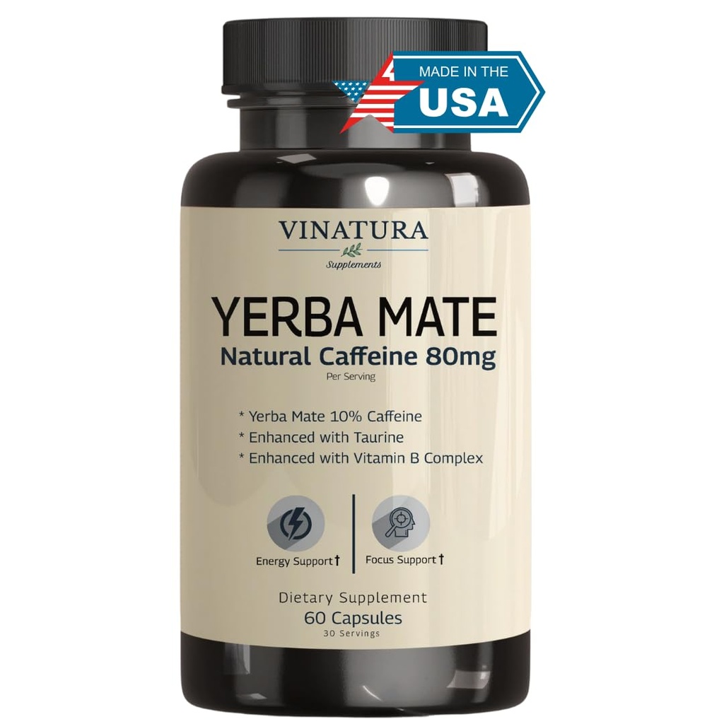 Yerba Mate 1400mg - Magic Natural Caffeine & Energy Supplements *USA Made & Tested* High Potency Enhanced with Taurine and Vitamin B Complex - 60 Capsule