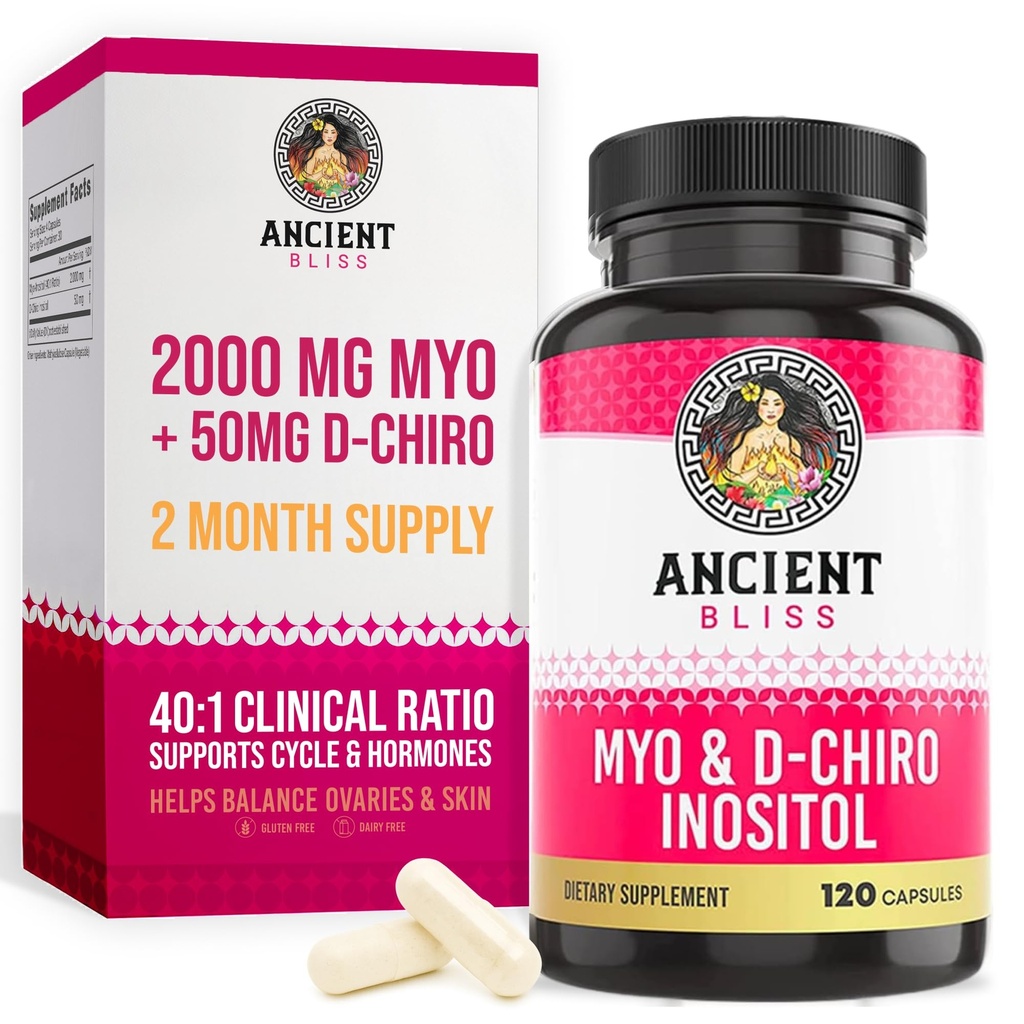 Antica Bliss Myo & D-Chiro Inositol Supplemento, da 40 a 1 Ratio, aiuta in funzione ovarica Supporto per le donne, vitamina B8 aiuta a regolare ciclo mestruale, 2050mg per porzione, 120 capsule vegane