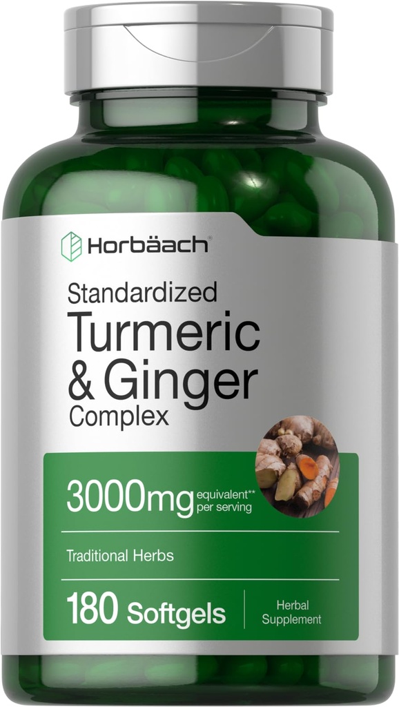 Horbäach Turmeric e Ginger Supplemento | 3000 mg 180 Pillole Softgel | con Estratto di pepe nero | Non OGM, Integratore senza glutine
