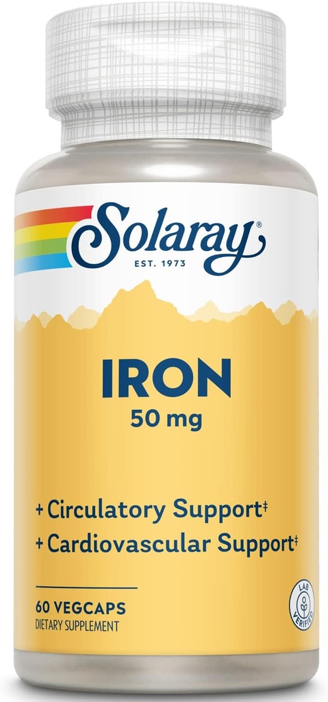 Solaray Iron 50 mg | Circolazione sana, Funzione cardiovascolare & Red Blood Cell Health Support | 60 VegCaps