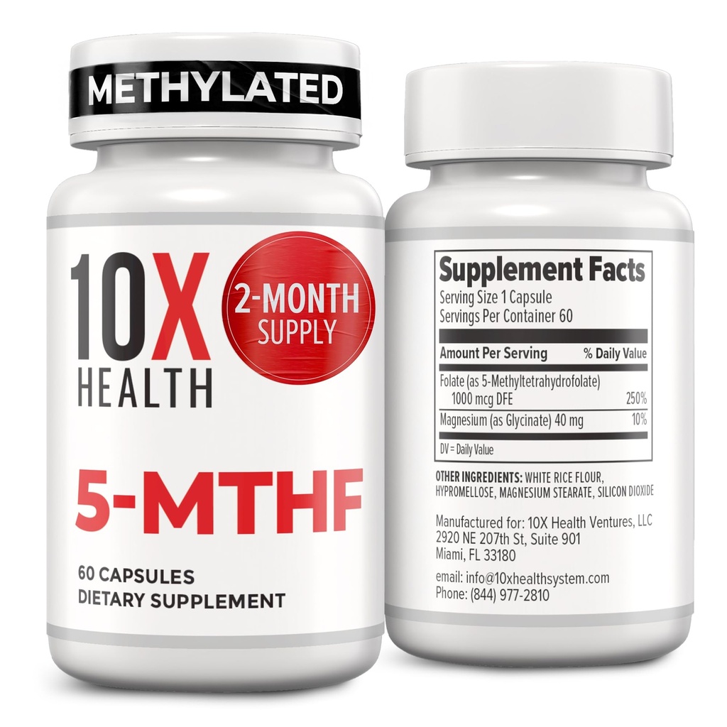 10X Salute 5-MTHF Methylfolate - Folato e magnesio metilato per cervello, salute del cuore, DNA e neurotrasmettitore Sintesi - Biodisponibile Methyl Folate Supplement - Methylfolate Supplemento 60 capsule