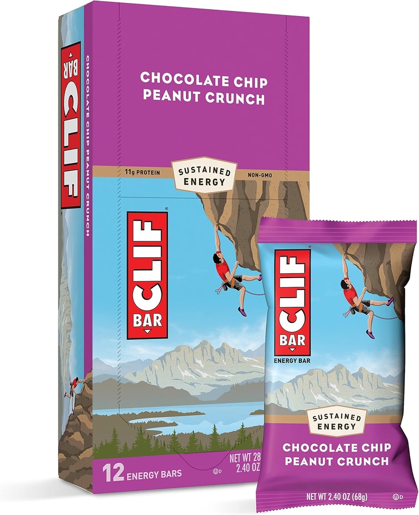 Clif Bars - Energy Bars - Chocolate Chip Peanut Crunch - Realizzato con avena biologica - Cibo a base vegetale - Vegetariano - Kosher (2.4 Ounce Protein Bars, 12 Count)