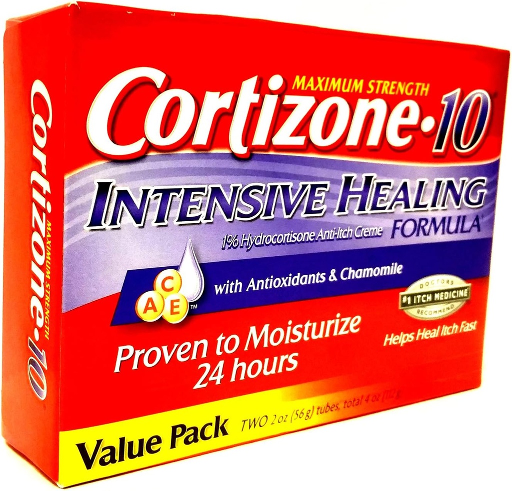 cortizone 10 Massimo Strenght Guarigione intensiva 1% idrocortisone Anti Itch Crema Due Tubi 20z, Totale 4 oz