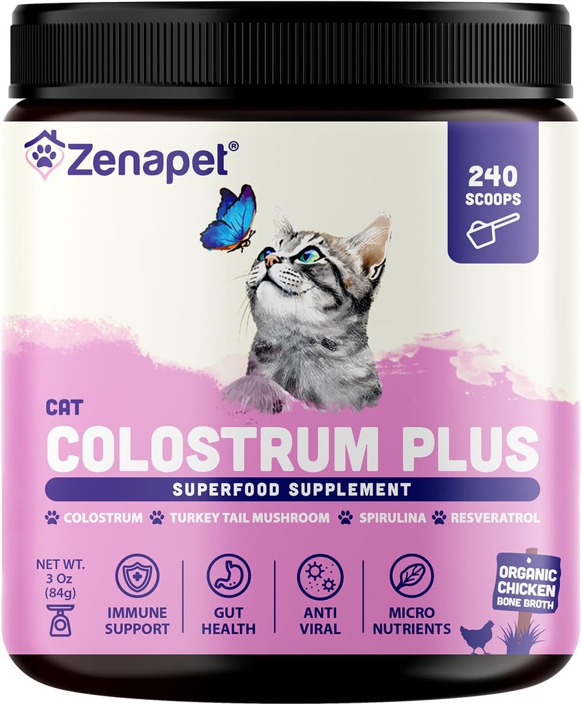 ZENAPET Cat Colostrum Plus Premium Powder Topper, Immune & Digestive Health Supplement, 240 Serve (8-Month Supply), Supporta la pelle & Coat, Made in USA