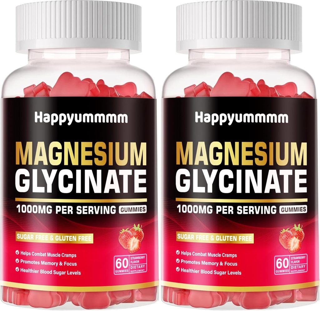Magnesio Glycinate Gummies 1000mg - Zucchero Gratuito Magnesio Supplemento di Potassio con Vitamina D, B6, CoQ10 per Calma Mood & Sleep Support - 120 Gummie di Fragola