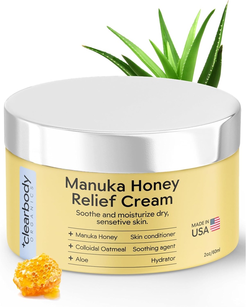 Clearbody Organics Manuka Honey Cream - 2 fl oz, Confezione da 1 - Crema Eczema rilassante - Idratazione profonda con farina di avena colloidale - Rilievo Manuka istantaneo per pelle secca, prurito