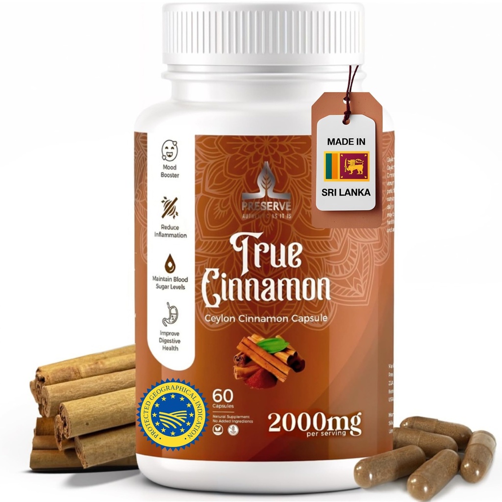 Pure Ceylon Cinnamon Capsule, 2000mg, Due mesi Supplemento | Made in Sri Lanka |Non-GMO, Gluten-Free, True Cinnamomum from Sri Lanka, 100% Pure Cinnamon (NOT Mix with Cassia).