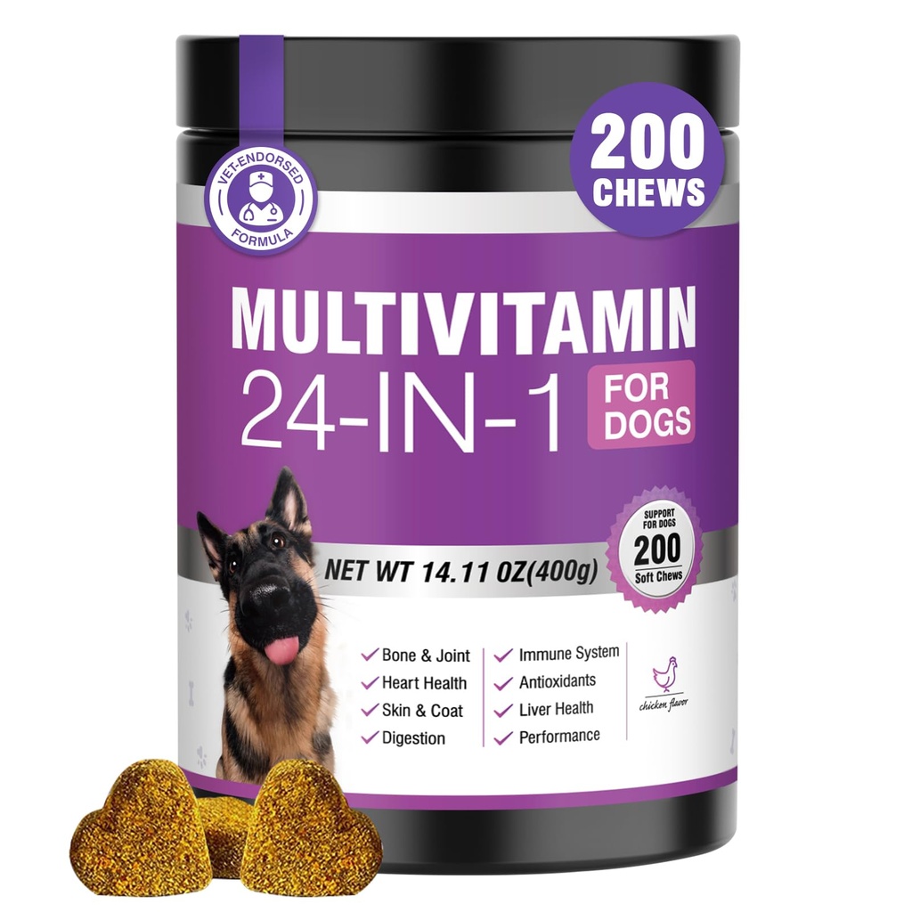 24-in-1 Cane Vitamine e Integratori 200 Ct Cani Multivitamina Chewable Contain Probiotici Omega-3 Glucosamina per Cani Cappotto Pelle Giunto Gut Liver Brain Occhi Immune Supporto - Pollo