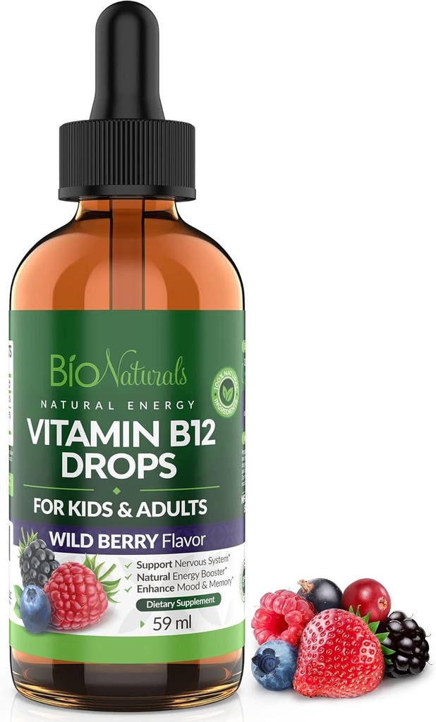 Bio Naturals Vitamina B12 Gocce liquide per adulti e bambini - 100% naturale sublinguale metilcobalamin - Assorbimento più alto - Energy & Brain Booster Aiuta con Fatigue & Weakness - Wild Berry - 2 fl oz