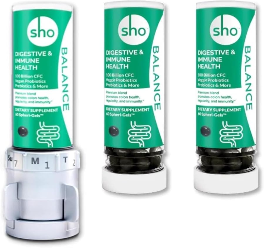 SHO Balance 100 miliardi di CFU Prebiotici & Probiotici per IBS, Bloating, costipazione, salute digestiva, salute del fegato & perdita di peso Vegan supplemento per le donne & uomini con 2 bottiglie di ricarica
