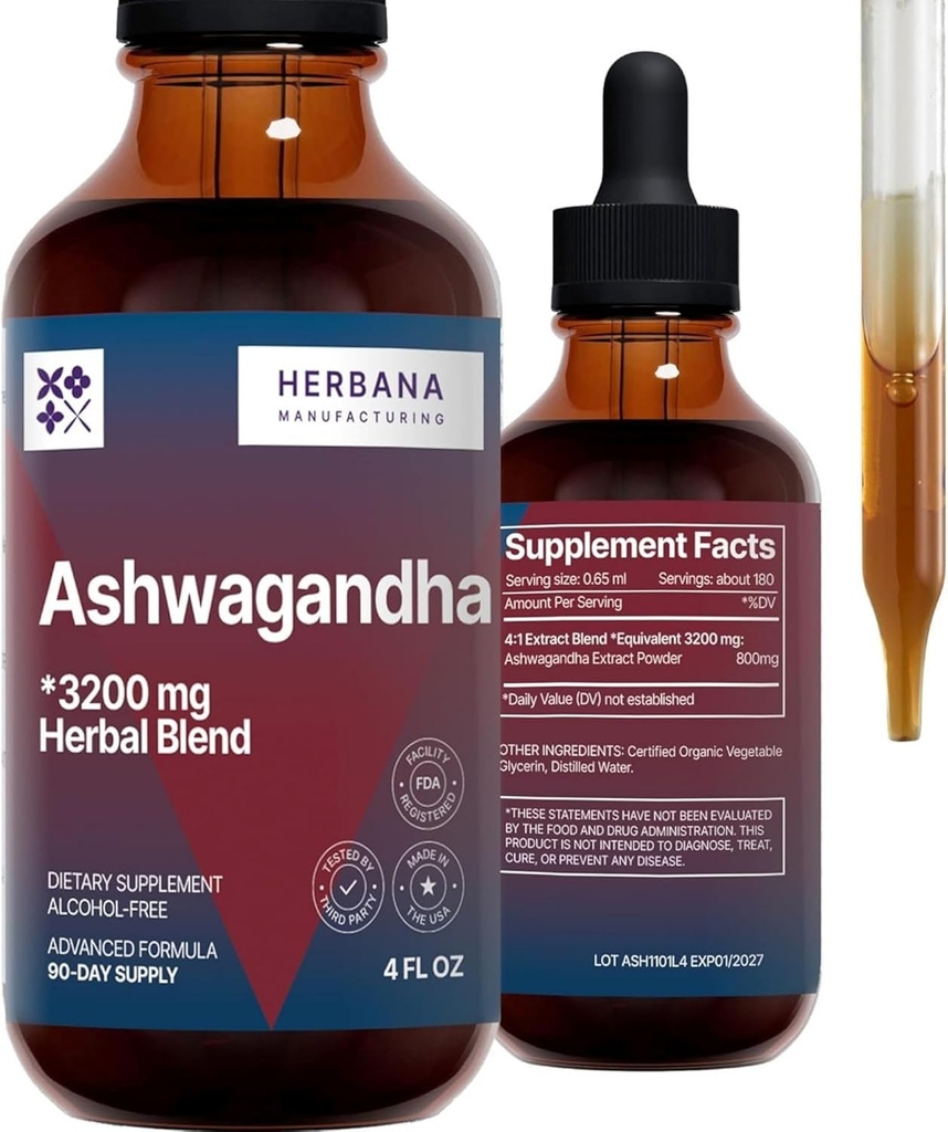 HERBANA MANUFACTURING Ashwagandha Liquid Drops Extract - Muscle Recovery Tincture - Withania Somnifera Drops - Alta potenza