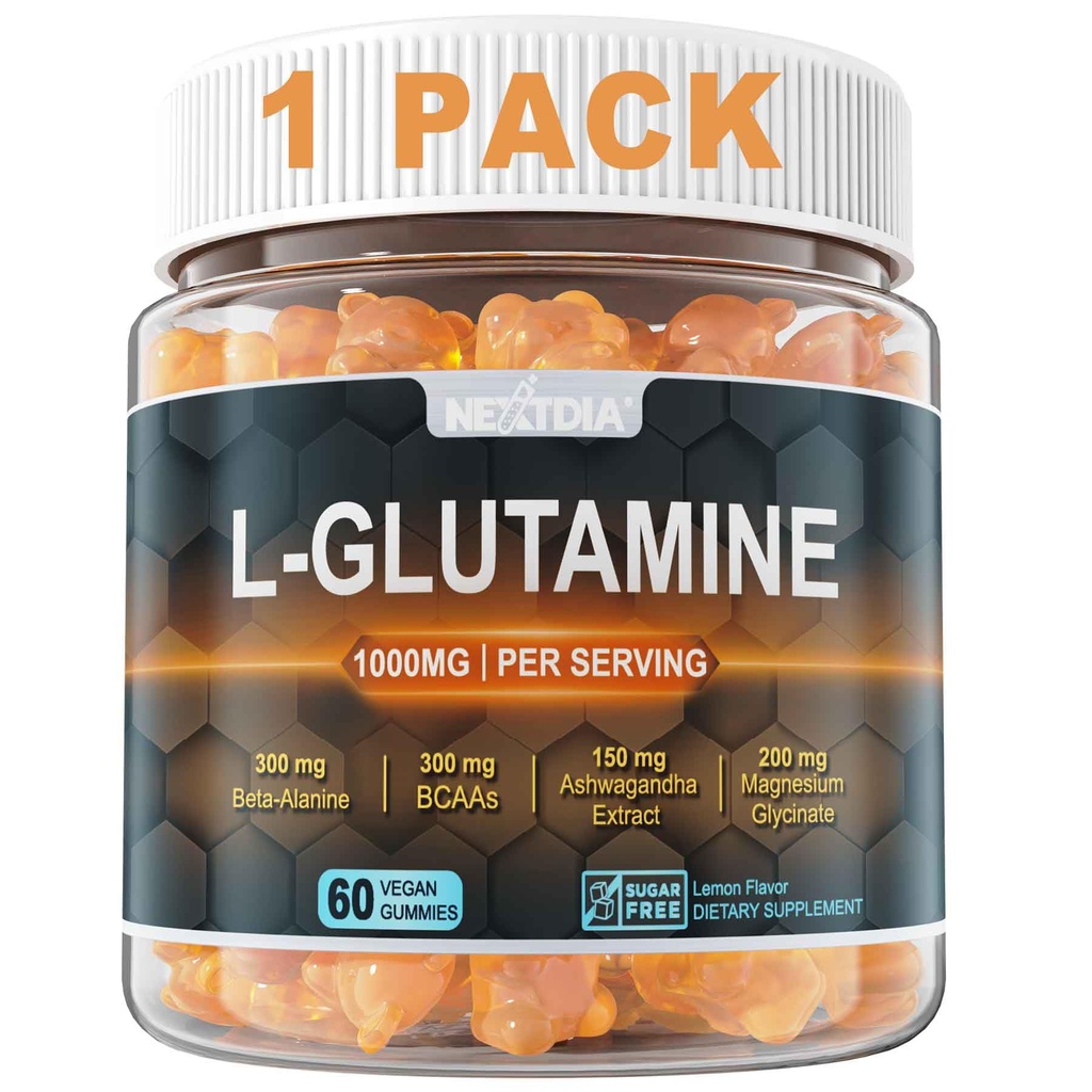L-Glutamina 1000mg Gummies per le donne & Men| con Beta-Alanine, BCAA, Magnesio Glycinate, Potassium & Ashwagandha | Vegan | Sugar-Free & Extra-Chewy | 60 Conti