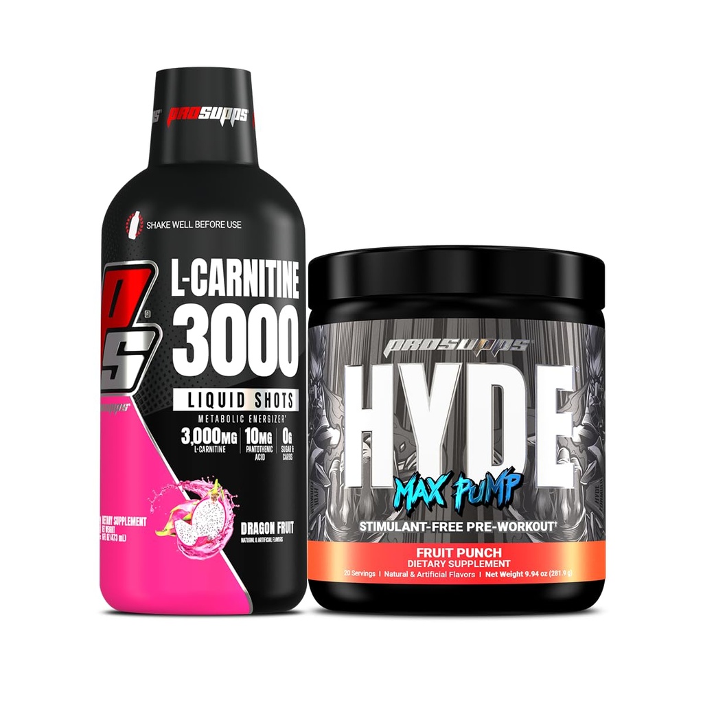 PROSUPPS L-Carnitina 3000 Stimulant Free Liquid Shots (Dragon Fruit) e Hyde Max Pump Pre Workout per uomini e donne (Fruit Punch) Bundle