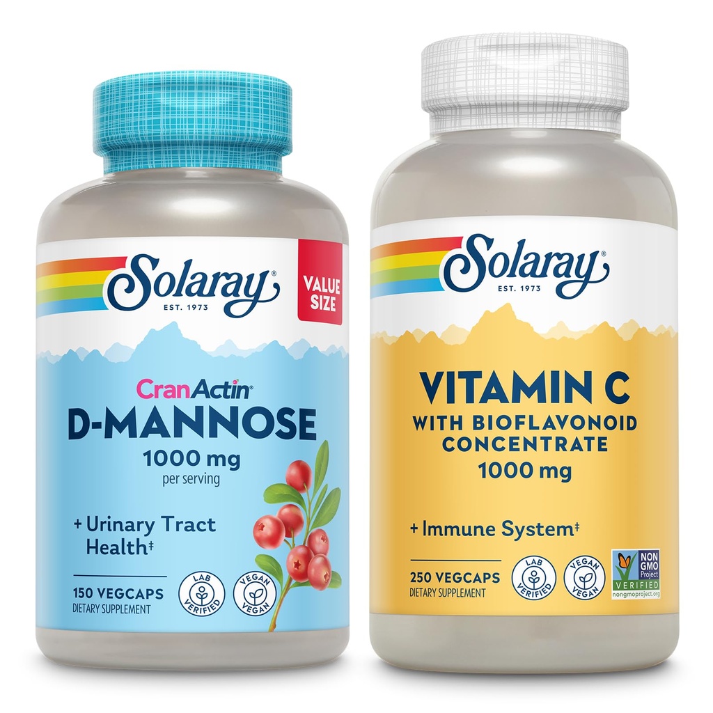SOLARAY D-Mannose 1000mg con estratto di mirtillo di CranActin (150ct) e vitamina C 1000mg con bioflavonoidi (250ct) - Tratto urinario, Salute della vescica e Supporto Immune Bundle - Vegan, Garanzia di 60 giorni