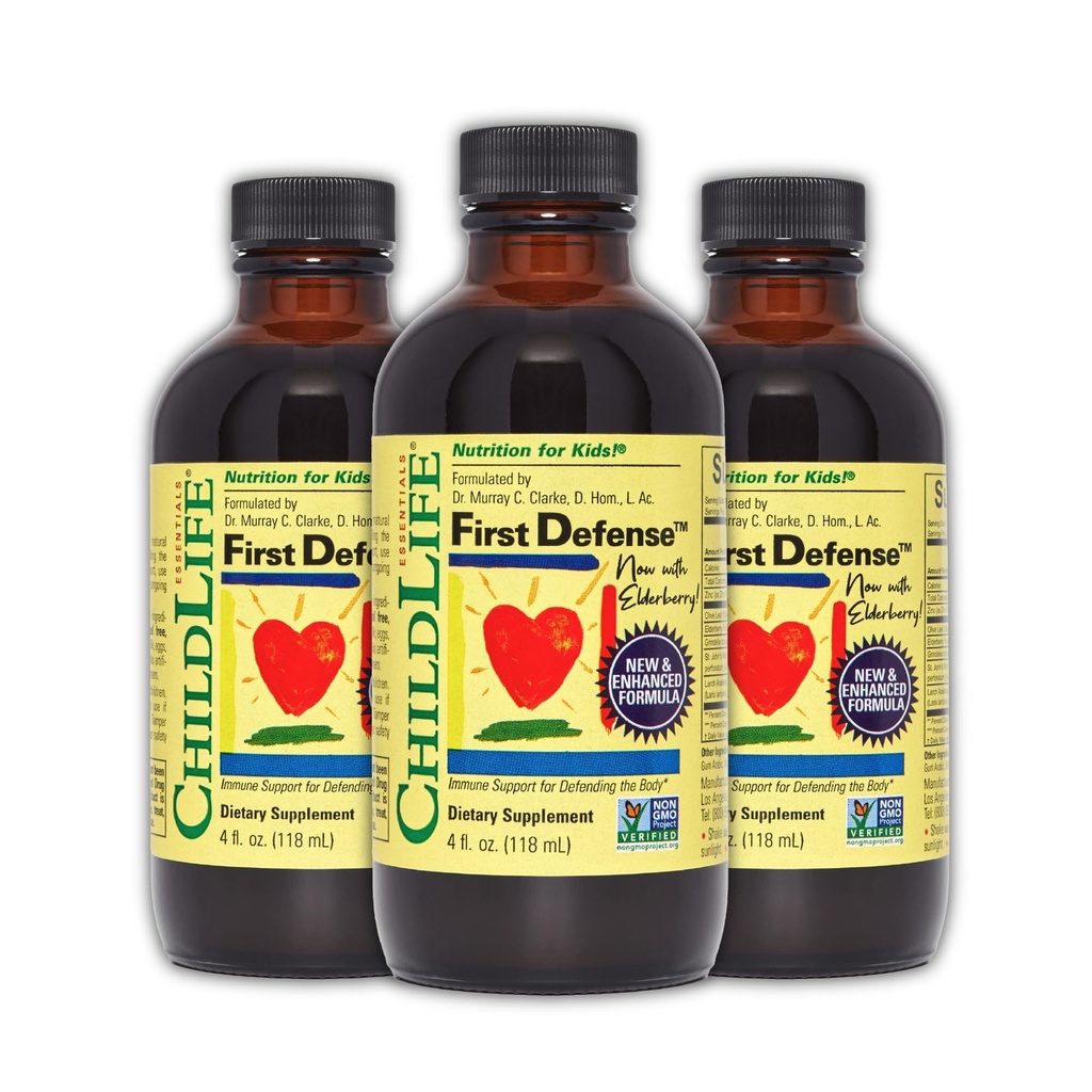 CHILDLIFE ESSENTIALS Prima Difesa - Bambini Supporto immunitario, Supporto immunitario per bambini, Bambini 1-3, Bambini 6 mesi+, Vitamina Syrup con Elderberry, Zinco, Non OGM, Gluten Free - 4 Fl Oz (Pack of 3)