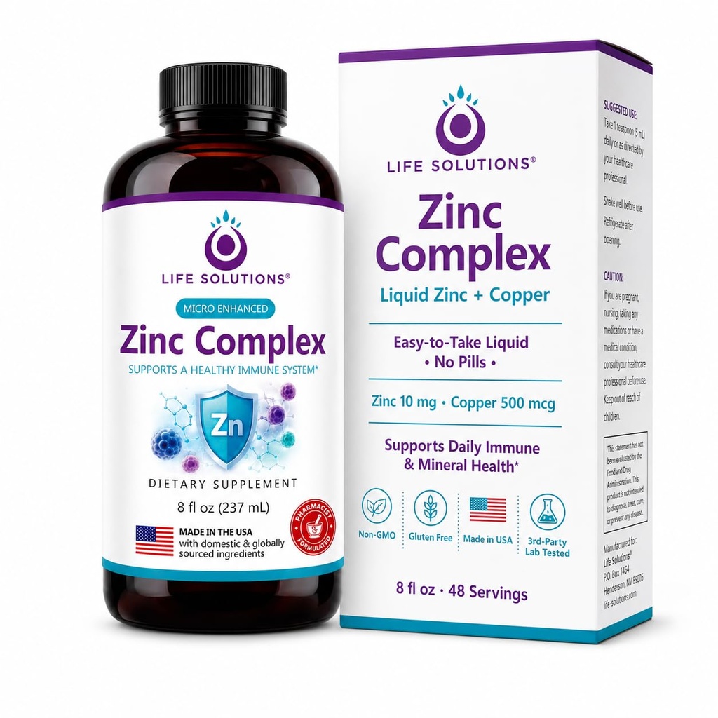 Soluzioni di vita Complesso di zinco - Gluconato di zinco e Gluconato di rame per il supporto immunitario ottimale e la salute - Formula ad alto assorbimento - Liquid 8oz-