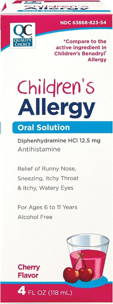 Medicina dell'allergia dei bambini, soluzione antistamina liquida non sonnolenta. Alcol Free Cherry Flavor Difenidramina attiva per tosse, Runny Nose, Itching Eyes & Throat Relief 4 oz