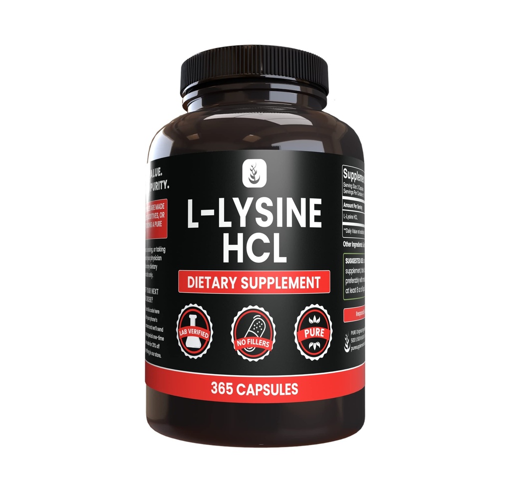 PURE ORIGINAL INGREDIENTI L-Lysine HCl (365 capsule) Nessun filler di magnesio o di riso, sempre puro, verificato il laboratorio