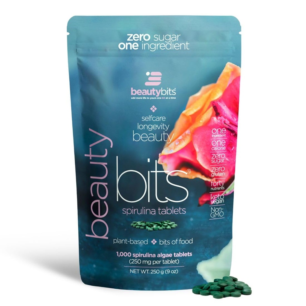 BEAUTYbits - Spirulina Organica Tablets - Algae Superfood - Collagene, Proteine, Clorofilla - Hair, Nails, & Skin Care - Vegan, Keto, Gluten Free - Self Care - Skincare Beauty Gifts - 1000 Tablet Bag