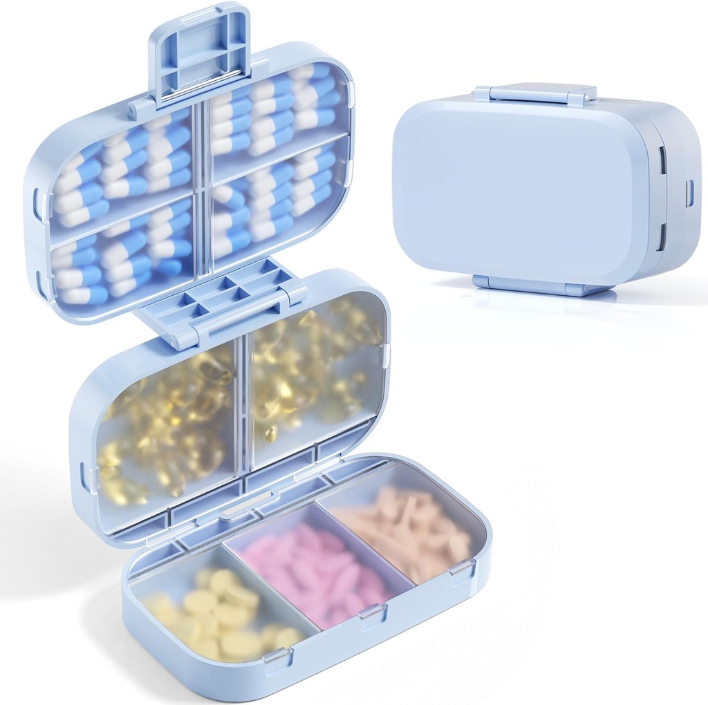 MEACOLIA Tripla pieghevole Pill Organizer, 9 scomparti Travel Pill Case con grande capacità, Scatola Pillola Quotidiano Piccolo contenitore per la vitamina, olio di fegato di Cod, ingredienti (blu)