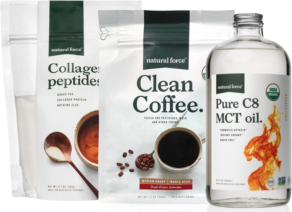 Natural Force Organic Clean Coffee, Collagen Peptides, e Pure C8 MCT olio Bundle – Tossina Free Coffee, Grass Fed Collagen, & MCTs - Non-GMO, Keto, & Paleo - 12 Oz, 11.7 Oz, 32 Oz