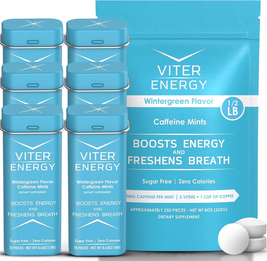 Viter Energy Original Caffeine Mints Wintergreen Flavor 6 Pack e 1/2 Pound Bulk Bag Bundle - 40mg Caffeina, B Vitamine, Sugar Free, Vegan, Powerful Energy Booster per Focus e Alertness