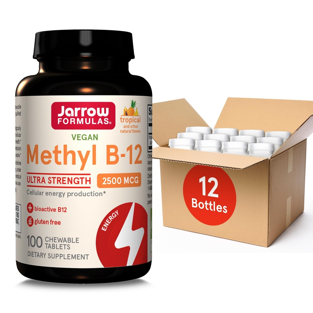 Jarrow Formulas Ultra Strength Methyl B-12, Integratore alimentare per la produzione di energia cellulare, 100 Tavole a base tropicale, fino a 100 giorni di alimentazione, confezione da 12