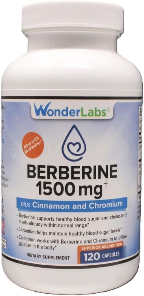 Wonder Laboratories Surperior Absorption Berberina HCL 1.500mg + Cannella, Cromo e BioPerine Manutenzione per Glucose, Cuore e Sistema Immune Salute Gluten & OGM Libero - 120 capsule