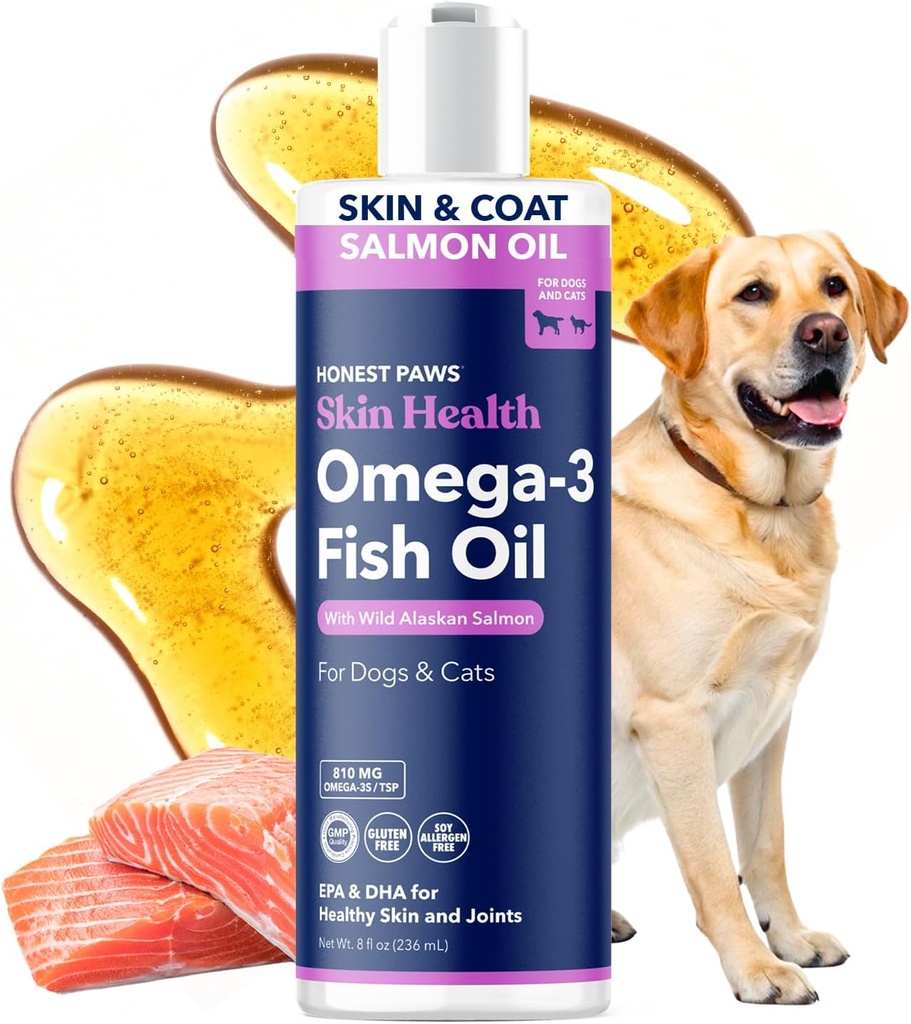 Honest Paws Wild Alaskan Salmon olio per cani e gatti – Omega 3 Fish Oil Supplemento per pelle, cappotto, Joint & Heart Health – Naturale, Sostenibilmente Source, 8 oz