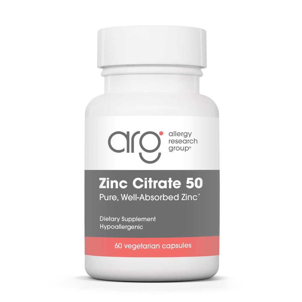 Gruppo di ricerca allergia Zinc Citrate Supplemento - Zinco per Uomini e Donne, Supporto Immune, Pure, Ben assorbito, Ben tollerato, Trace Mineral, 50mg Capsule Vegetariani - 60 Conte