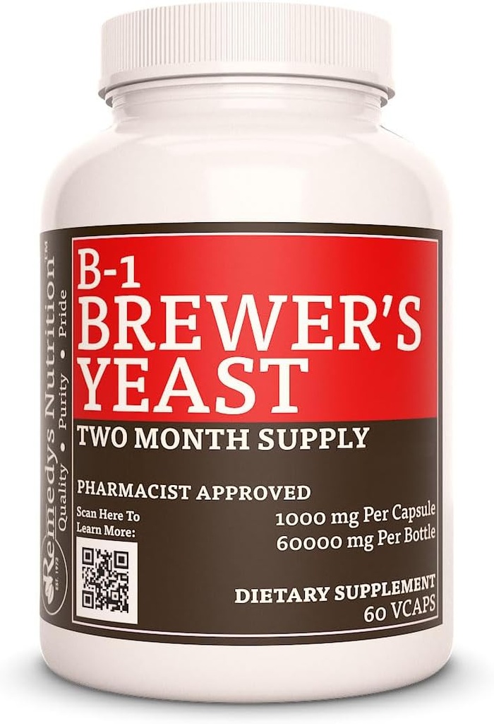 Vitamina B-1 di Remedy con Brewers Yeast | 1.000 mg, 60 Vegan Capsules Integratore alimentare | Due mesi di alimentazione