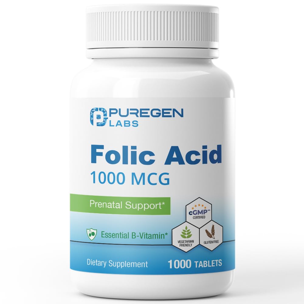 Puregen Labs Folic Acid 1000 mcg compresse | Vitamina B9 | Non OGM | Gluten Free | Made in USA | Valore Dimensione 1000 compresse