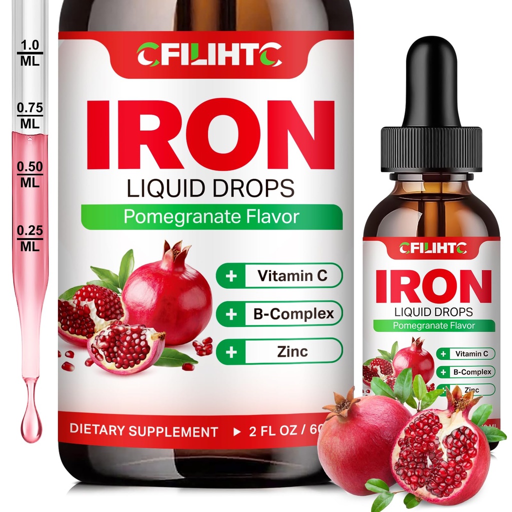 Supplemento di ferro liquido per le donne uomini e bambini gocce di ferro multivitaminico con Folate, vitamina C, B6, B12, zinco per l'anemia, carenza di ferro, Costruttore di sangue, energia - Natural Pomegranate Flavor, Vegan 2 Fl Oz