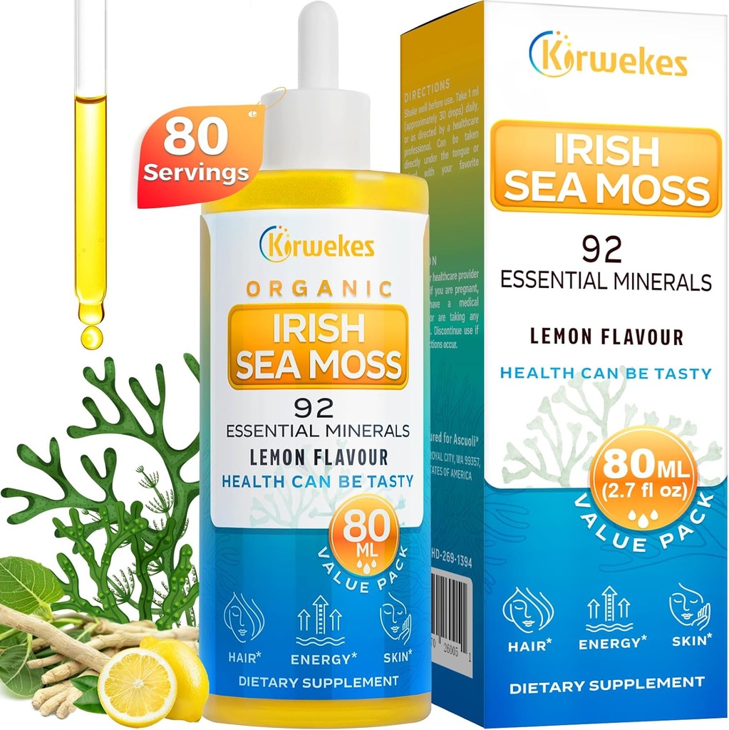 Sea Moss & Ashwagandha Gocce di radice - 10X più forte Seamoss & Ashwagandha per le donne e gli uomini, mare Moss Gocce per Mood, Immunità, digestiva, energia, pelle, capelli Joint(Lemon Flavour - 80 Servings