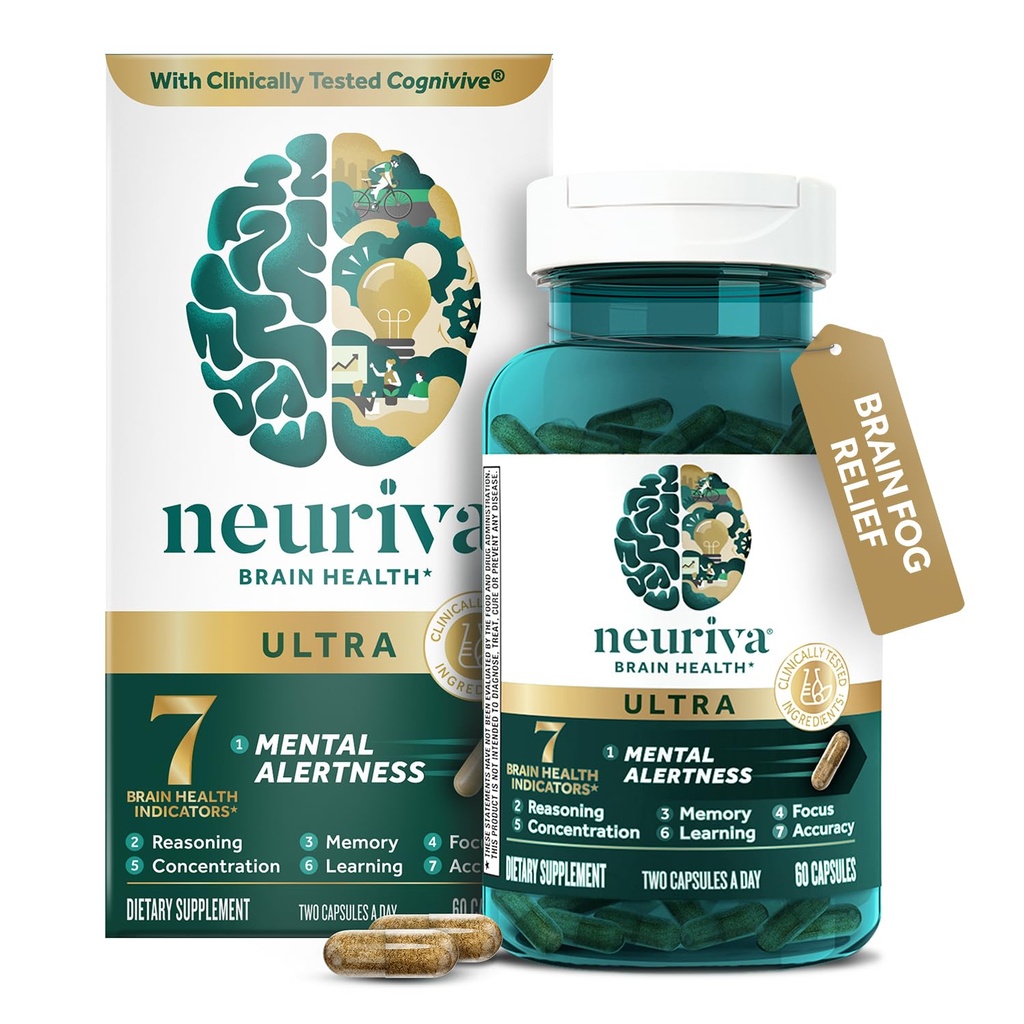 NEURIVA Ultra Decaffeinato supplemento di cervello nootropico testato clinicamente per l'Alertness mentale, Memoria, Focus & Concentration, Cognivive, Neurofactor, Phosphatidylserine, Vitamine B6 B12, 60 capsule