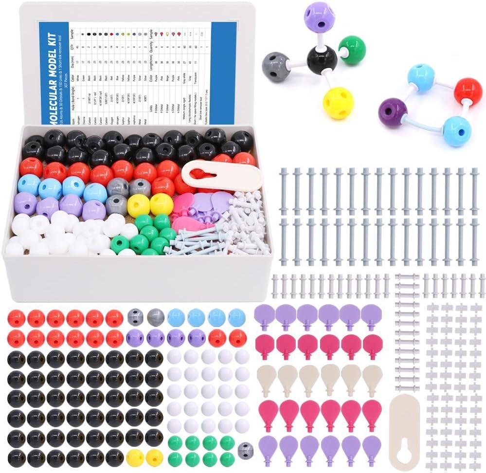 Swpeet 307 Pcs Modello molecolare Kit per Chimica Organica e Inorganica - Chimica Modello Molecolare Studente e Docente Set - 126 Atomi & 30 Orbitals & 150 Links & 1 Short Link Remover Tool