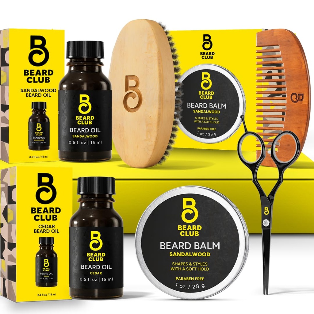 Il Beard Club Beard Kit Cuscinetto per Uomo - Grooming & Care Kit - Olio di Cedro e Sandalo, Sandalo Balm, Spazzola per Bristle, Pettine, Forbici per Trimming - Dad Gift Set