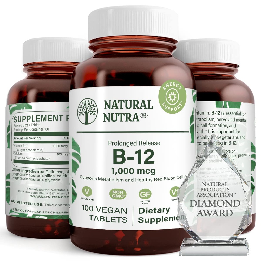 Vitamina di Nutra naturale B12 1000 mcg, Promuovere il cuore & Nerve Salute, Cobalamin B12 Supplemento, Calcio Phosphate, Aiuto nella salute del metabolismo, Assorbimento ottimale, Senza glutine, Zucchero libero, 100 compresse vegane
