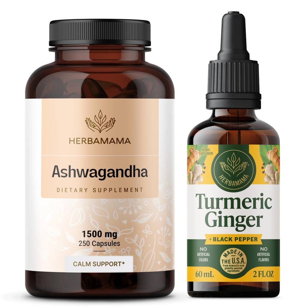 HERBAMAMA Ashwagandha e Turmeric Ginger Kit - Bundle di 1500 mg Ashwagandha Root Capsules & Turmeric Ginger Tincture 2 fl oz - Vegan, Non-GMO, Sugar & Alcohol-Free - 2 Pack