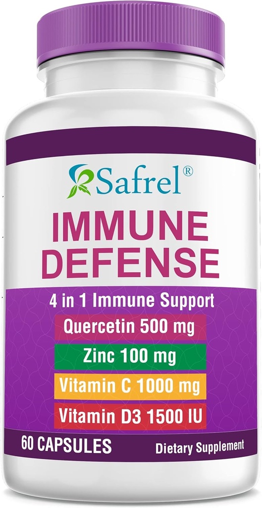 Safrel Strong Immune Support, Quercetin 500 mg, Zinc Picolinate100 mg, VitamatiC 1000 mg, Vitamina D3 1000 IU, 60 capsule, 1 mese di fornitura | Made in USA | Vegan