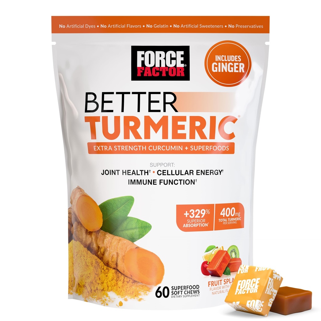 FORCE FACTOR Migliore supplemento di curcuma 400mg con pepe nero e zenzero, supporto congiunto extra-forza, assorbimento superiore, come Gummie di curcuma, Splash di frutta, 60 chews di curcuma